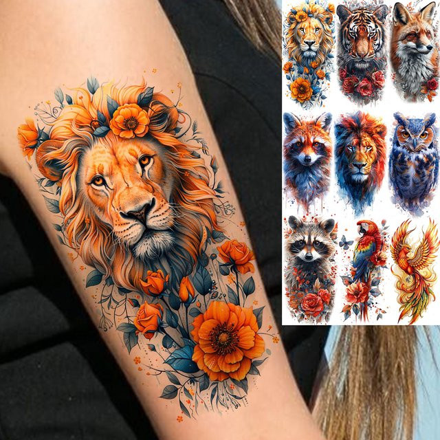 YURAN Temporäre Tattoos, Aquarell Löwe Tiger Fuchs Eule, 1 Blatt - Bild 1