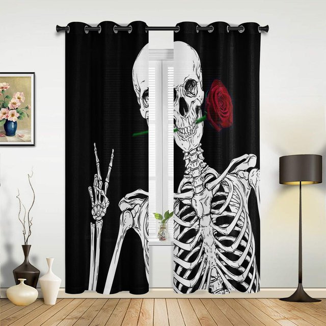 Moderne Totenkopf Vorhänge für Schlafzimmer und Wohnbereich, Schwarz, B: 135 cm, H: 60 cm - Bild 1
