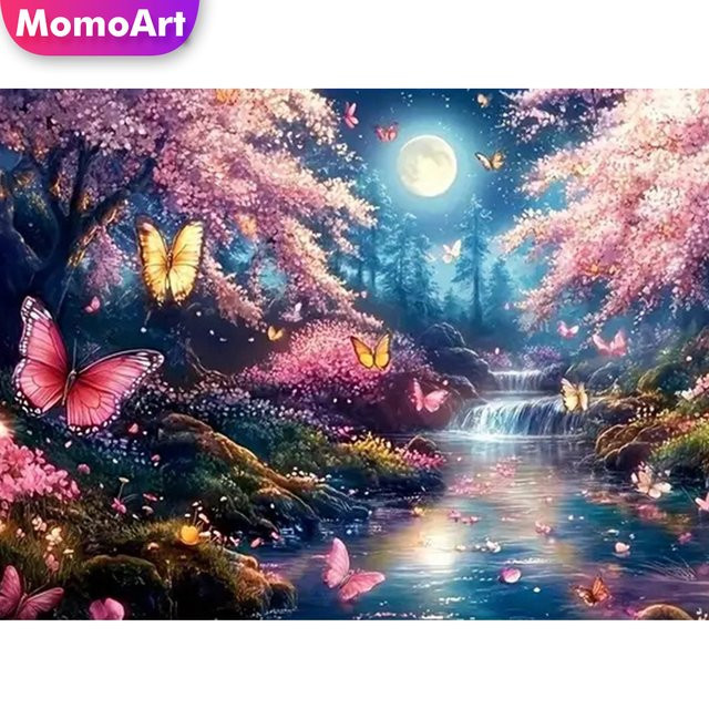 Momoart Diamant-Mosaik-Baum DIY Mondlandschaft mit Schmetterlingen und Blumen, Wandkunst in Mehrfarbig, 20 x 20 cm - Bild 1