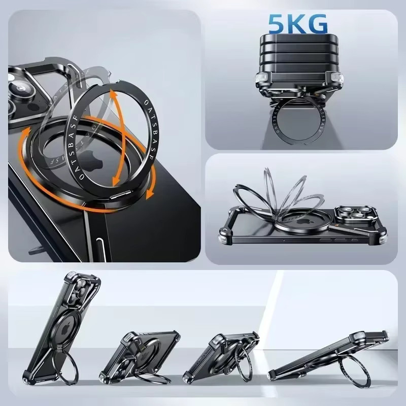 Oatsbasf Handyhülle für iPhone 16/15/14/13 Pro Max mit Magsafe und 360 Grad drehbarem magnetischem Metallständer, rahmenlose Schutzabdeckung in Titanium Black - Bild 3