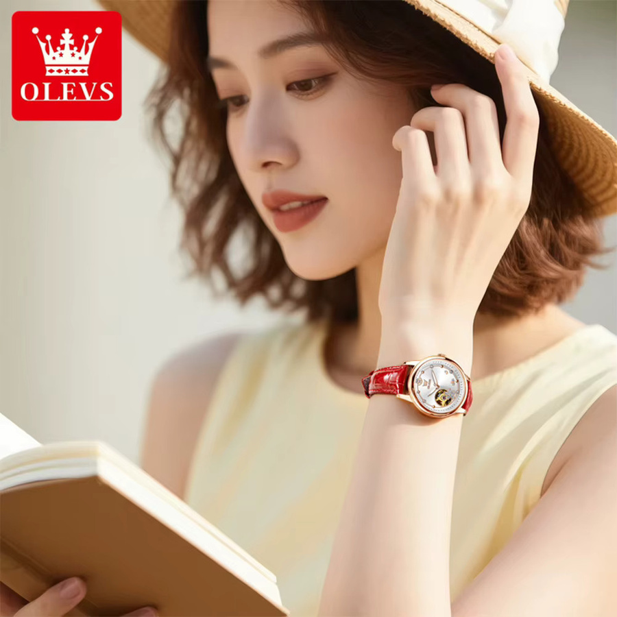 OLEVS Armbanduhr Automatik, Edelstahl, Leder, Diamantbesetzt, Damen - Bild 4
