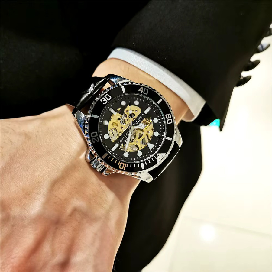 AOKULASIC Armbanduhr Automatik, Edelstahl, Leder, Schwarz, Herren - Bild 3