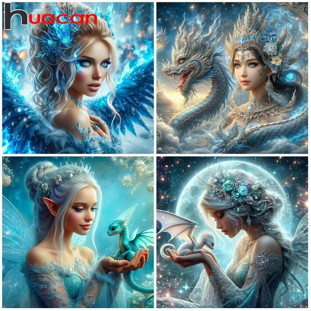 Huacan Diamantmalerei Frauen Porträt mit Drachen als Mosaik Bild in Multicolor, B/H: 30 x 30 cm - Bild 1