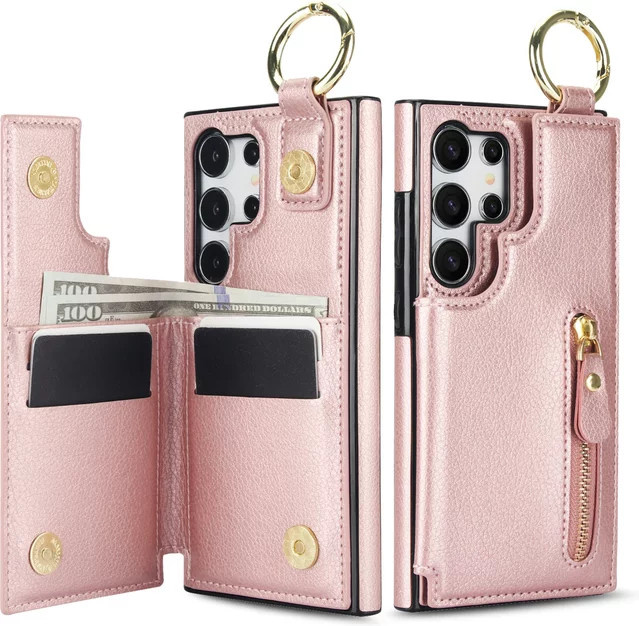 Leder-Brieftasche mit Reißverschluss und Kartenhalter sowie Ring für Samsung Galaxy S24 Ultra S23 S22 S21 A55 A15 A35 A25 A54 A14 in Weiß oder Pink - Bild 1