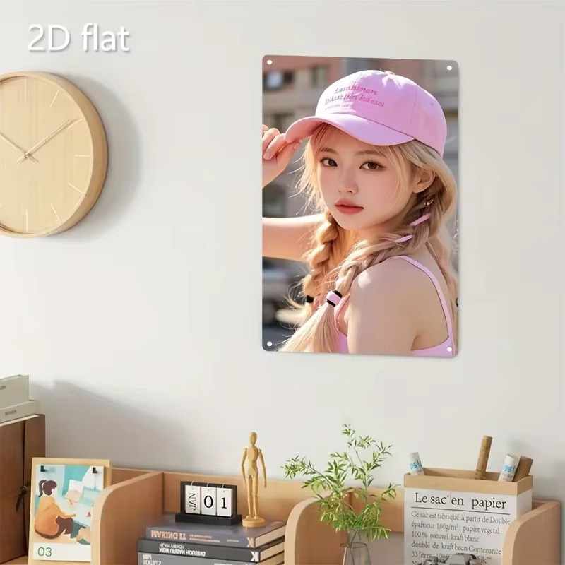 Metallschild HELLOYOUNG im koreanischen Stil mit rosa Haarzöpfen und Typografie in Pink und Weiß - Bild 3