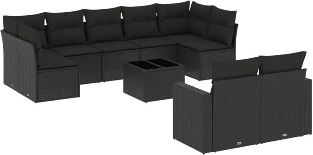 vidaXL 10-tlg. Garten-Sofagarnitur in L-Form aus Polyrattan mit Kissen und Couchtisch, Schwarz - Bild 1