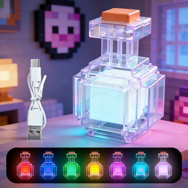 Haifeng MC Game LED-Nachtlicht in Pixel-Stil, wiederaufladbare Trankflaschen-Tischlampe mit 7 Farben, Multicolor - Bild 1