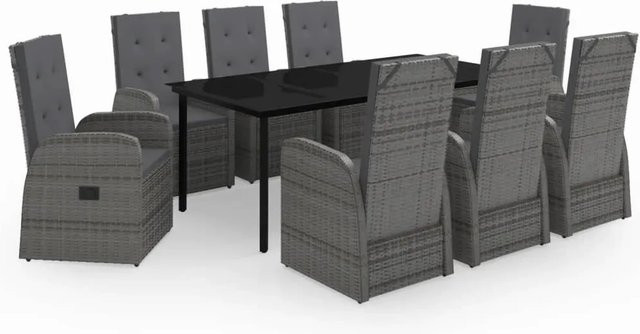 vidaXL 9-tlg Garten-Essgruppe aus PE-Rattan und pulverbeschichtetem Stahl in Grau mit Glasplatte und Auflagen - Bild 1
