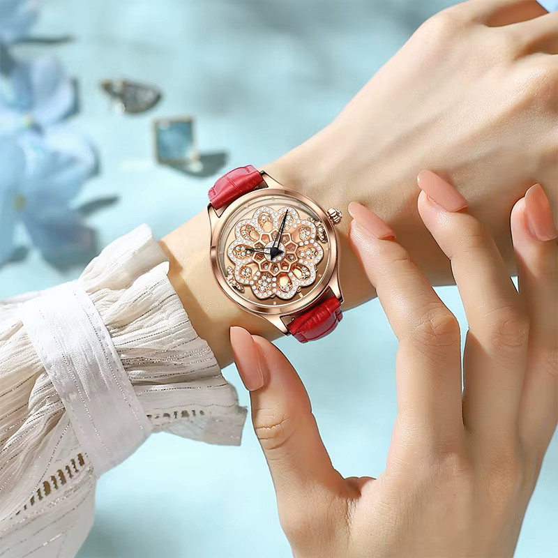 LIGE Armbanduhr Quarz, Leder, Kristall, Roségold, Damen - Bild 3