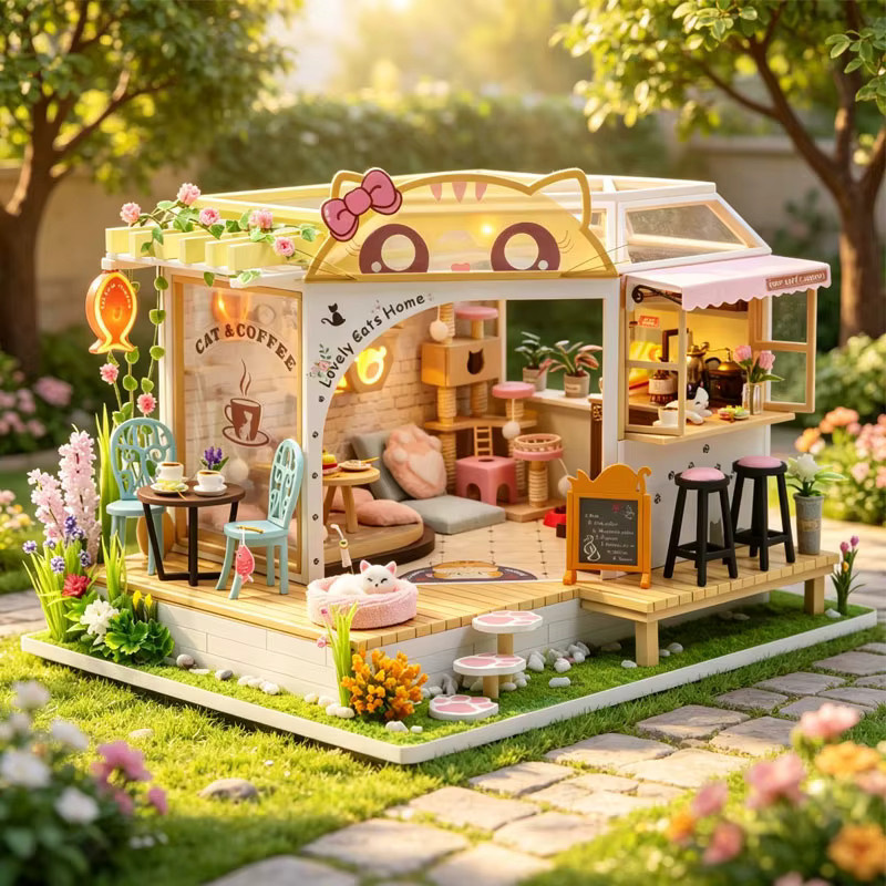 zuuton Holz Puppenhaus Katze Café, DIY Mini Haus Kit, mit Möbeln - Bild 2