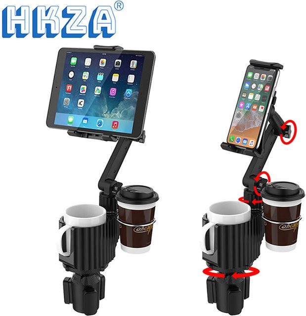 HKZA Tablet-Ständer und Handyhalterung mit 360 Grad verstellbarer Kippstange und Getränkehalter in Schwarz - Bild 1