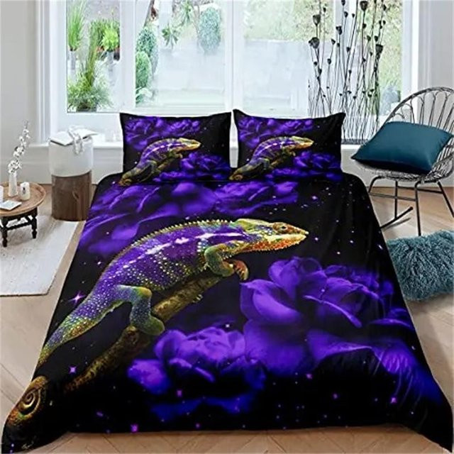 Lodestar Bettwäsche-Set mit Echsen- und Reptilien-Motiv, Lila Floral, 3-teilig, B/H: 264 x 228 cm - Bild 1