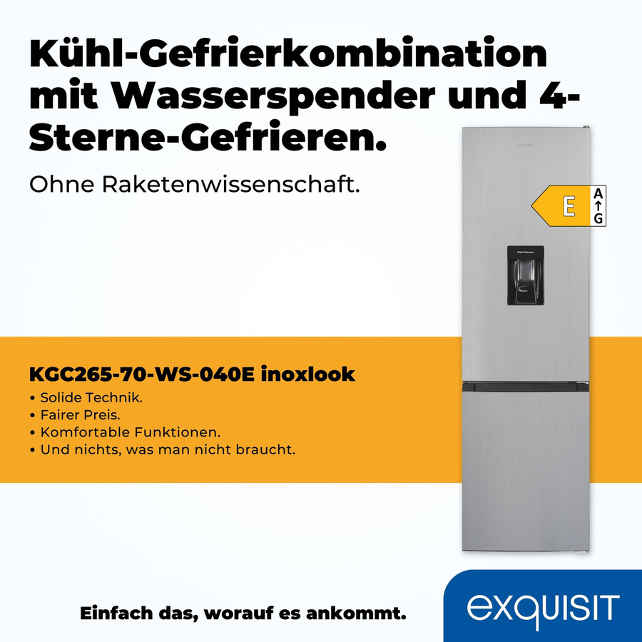 Exquisit Kühl-Gefrierkombination KGC265-70-WS-040E in Silver Inoxlook, freistehend mit LED-Innenbeleuchtung und Türöffnungssignal - Bild 2