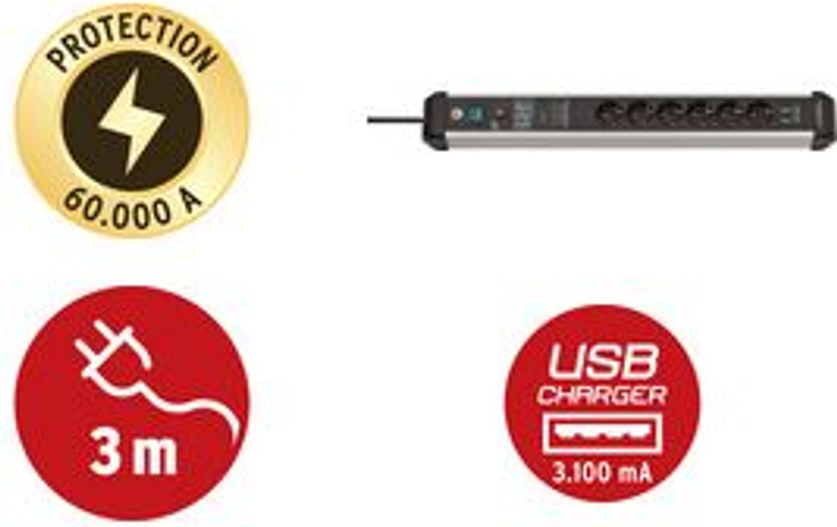 Brennenstuhl Premium-Protect-Line 6-fach Steckdosenleiste mit Überspannungsschutz, 2 USB-Ports, Schwarz/Alusilber - Bild 2