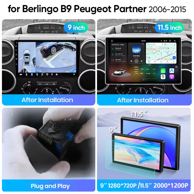Junsun Android Auto Autoradio mit Wireless CarPlay, GPS und Navi für Citroen Berlingo B9 und Peugeot Partner 2008-2019 in Schwarz - Bild 3
