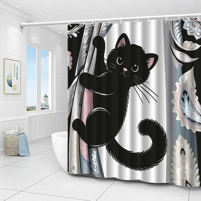 VIKAMA Duschvorhang mit schwarzem Katzenmuster in Schwarz/Mehrfarbig, Höhe: 180 cm, Breite: 90 cm - Bild 1