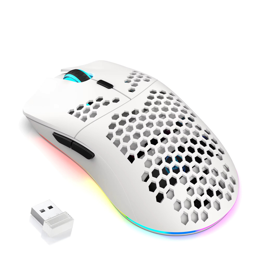 HXSJ Kabellose Gaming-Maus mit RGB-Beleuchtung in Weiß, Wabendesign und 2,4G USB Plug & Play, wiederaufladbar für Rechtshänder - Bild 3