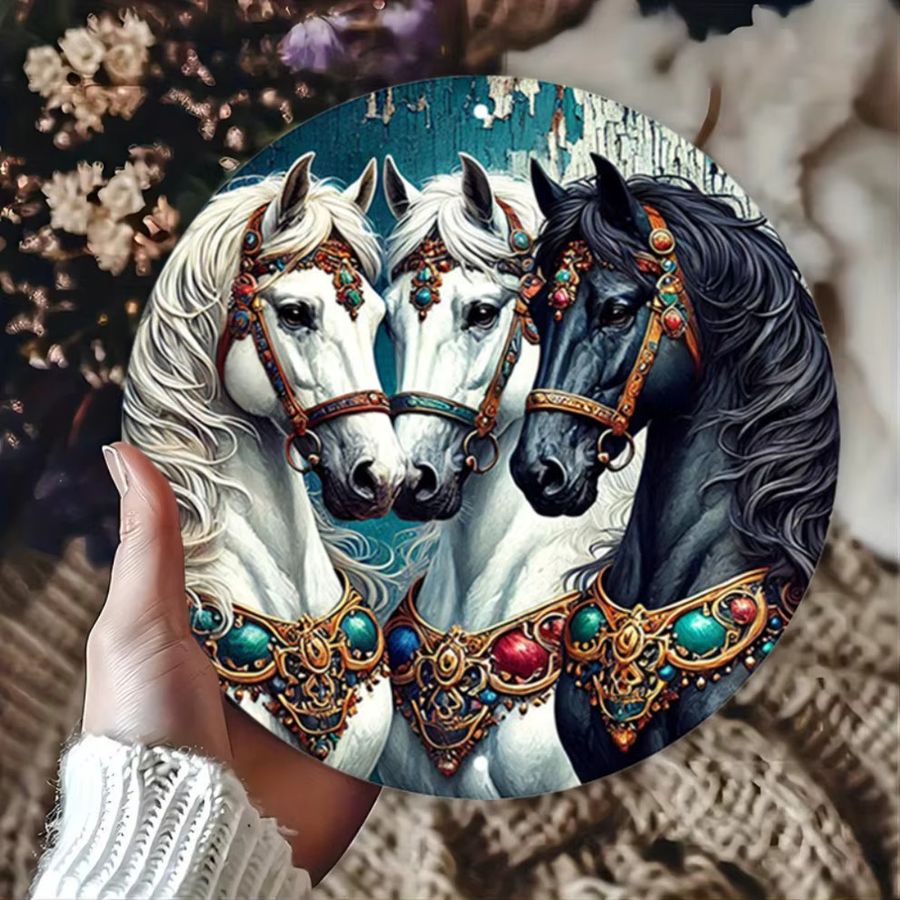HELLOYOUNG Rundes Aluminium-Metallschild mit Pferd-Motiv im Vintage-Landhausstil zur Wandmontage - Bild 5