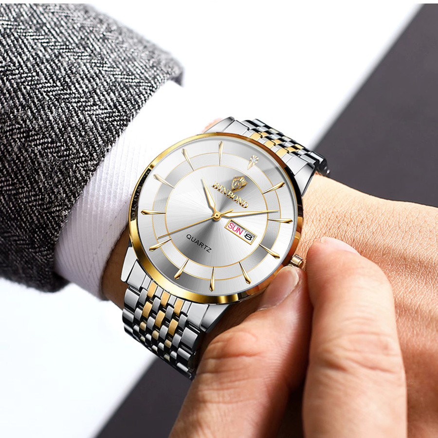 BINBOND Armbanduhr Quarz, Edelstahl, Bicolor, Datum, Wochentag, Herren - Bild 4