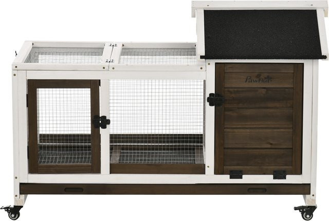 PawHut Zwergkaninchenstall aus Holz mit Freilaufgehege und Rädern in Kaffee, B/T/H: 108 x 58 x 73,5 cm - Bild 1