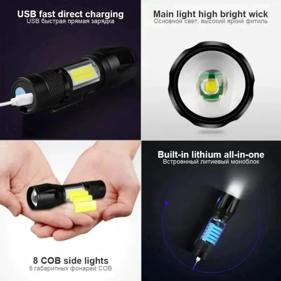 Mini LED COB Taschenlampe in Schwarz, USB aufladbare taktische Taschenlampe mit Zoomfunktion für Outdoor und Notfälle - Bild 2