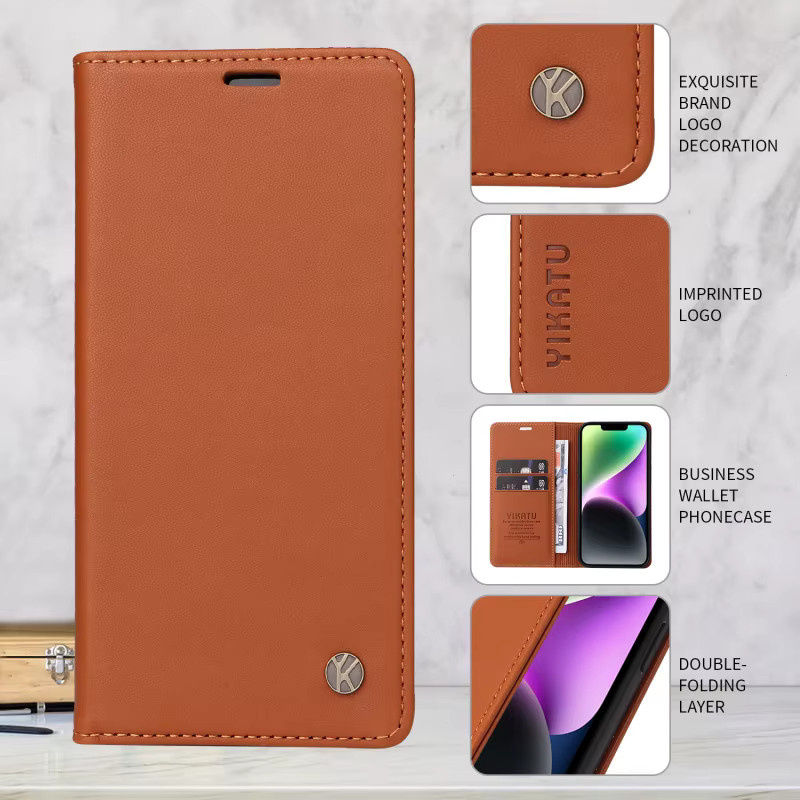 YIKATU Magnetische Leder-Brieftaschenhülle in Braun für iPhone 11 bis iPhone 17 Air mit Anti-Diebstahl-Bürstenfunktion - Bild 3