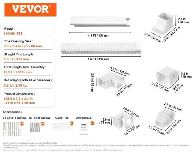 VEVOR Mini-Split-Leitungsset-Abdeckung aus PVC in Weiß für Klimaanlagen und Wärmepumpen, 2,74 m - Bild 1