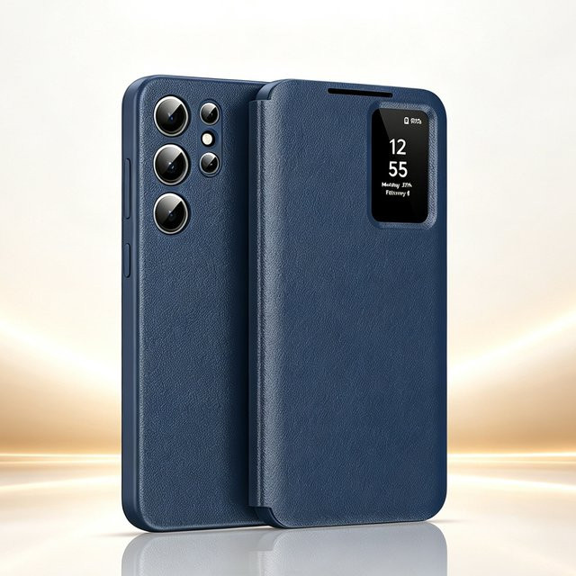 Smart-Lederhülle Flip-Cover mit Sichtfenster für Samsung Galaxy S26 S25 S24 S23 S22 Ultra Plus S25Edge A16 A17 A27 A37 A55 A56 A57 in Braun und Blau - Bild 1
