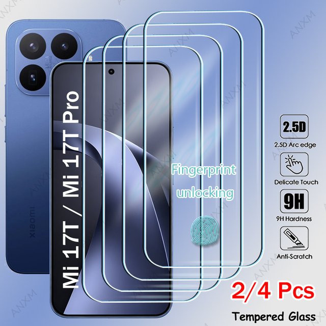 2/4 Stück Displayschutzfolie aus gehärtetem Glas für Xiaomi Mi 17T, 15T und 14T Pro, transparent, kompatibel mit Fingerabdruck-Entsperrung - Bild 1