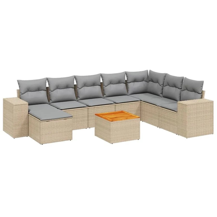 vidaXL 9-teilige Garten-Sofagarnitur in L-Form aus Poly-Rattan und Akazienholz mit Kissen in Beige-Grau - Bild 2