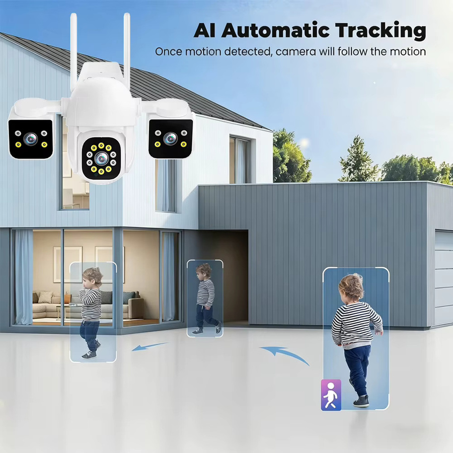 Jaxcam 8K 16MP WLAN PTZ Sicherheitskamera mit Drei-Linsen-Dreifach-Bildschirm, Zwei-Wege-Audio und Auto-Tracking, Weiß - Bild 3
