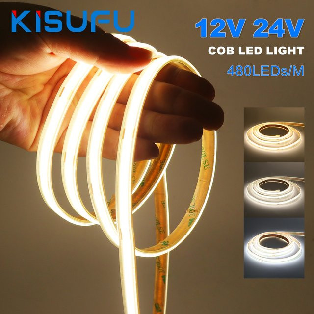 KISUFU Wasserdichter COB-LED-Streifen IP67 mit hoher LED-Dichte und RA90 für Dekoration in Küche und Raum, DC12 V / 24 V, 480 LEDs/m - Bild 1