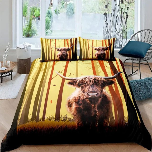 Bettwäscheset Highland Cow mit 3D-Tiermotiv und floralen Zweigen, Multicolor, B/H: 135 x 200 cm - Bild 1