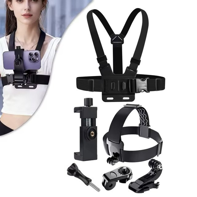 BRYNTHORX 6-teiliges Handyhalter-Set in Schwarz für Insta360, GoPro Hero und DJI Osmo Action Action-Kameras mit verstellbarem Kopfband und Brustgurt - Bild 1