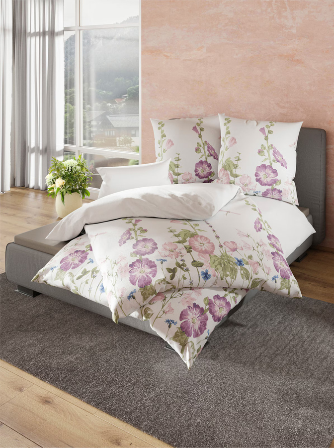 Wäschepur Bettwäsche aus Baumwolle mit floralem Design in Nature, Farben: Weiß und Lila, B/H: 135 x 200 cm - Bild 1
