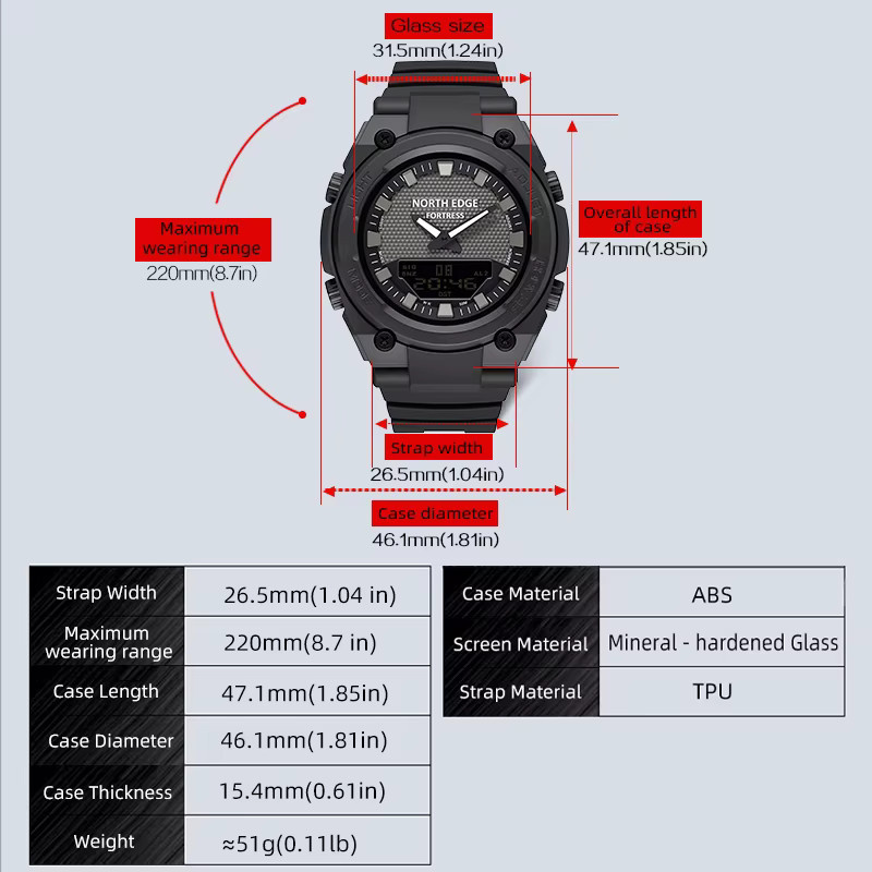 NORTH EDGE Digitaluhr, Herren, Schwarz, Quarz, Kunststoff, Silikon, 5 ATM - Bild 6