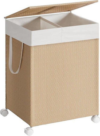 SONGMICS HOME Wäschekorb mit 2 Fächern und Deckel, 100 l Wäschetonne auf Rädern mit Griffen und Wäschebeuteln in Rattan-Optik, Farbe: beige