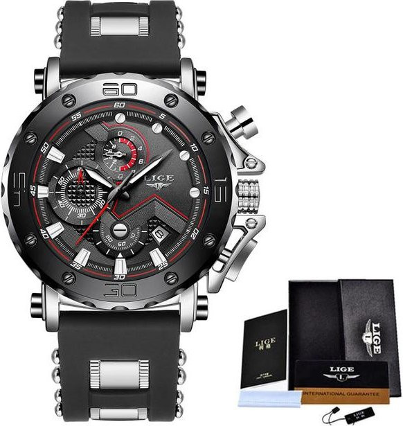 LIGE Armbanduhr, Digitaluhr, Quarz, Edelstahl, Silikon, Schwarz, Silber, Herren - Bild 1
