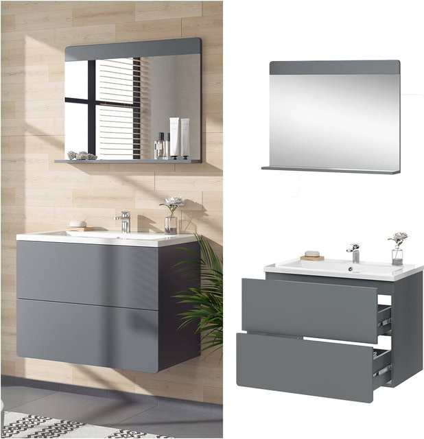 Vicco Badmöbel-Set Izan modern in Grau mit Waschtischunterschrank, Waschbecken und Badspiegel - Bild 1
