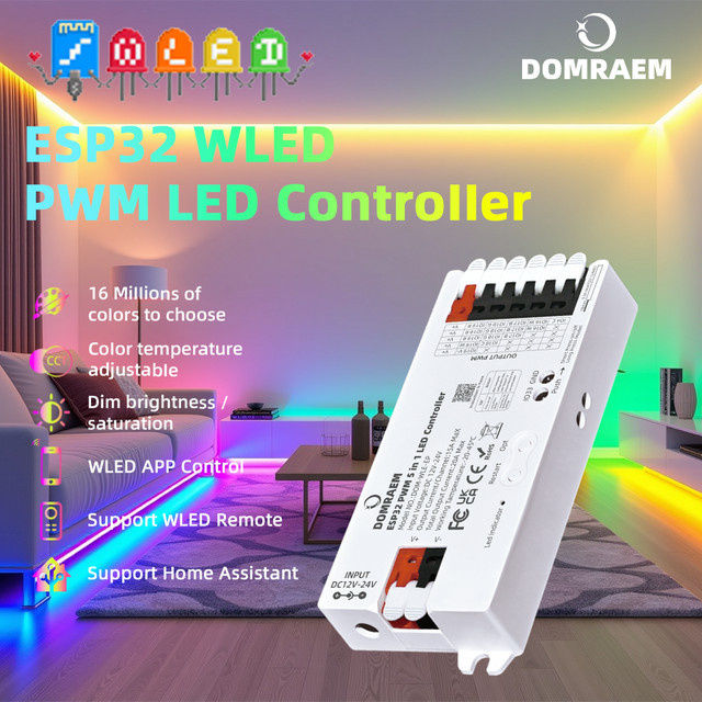 DOMRAEM 5-in-1 PWM ESP32 WLED Controller für CCT RGB RGBW RGBCCT LED-Streifen, WiFi, kompatibel mit Alexa und Home Assistant, 20 A Max, Farbe: Weiß - Bild 1
