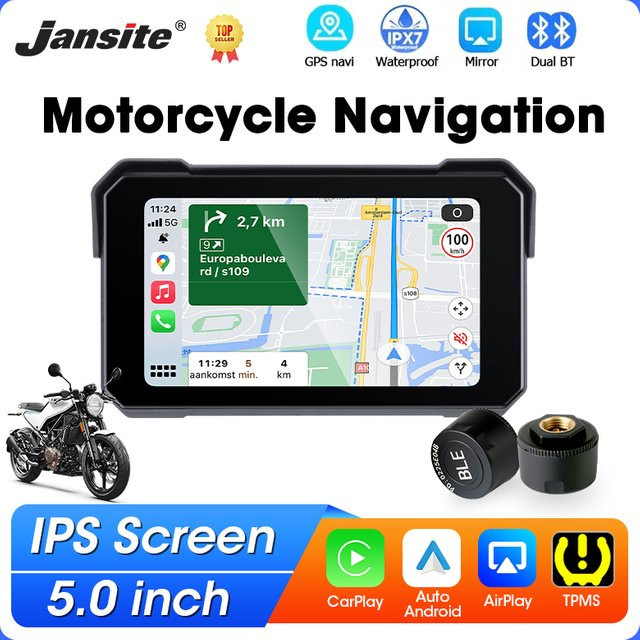Jansite 5-Zoll Motorrad-GPS-Navigation mit kabellosem CarPlay und Android Auto, IP67 wasserdicht, IPS-Bildschirm und Dual-Bluetooth, Schwarz - Bild 1