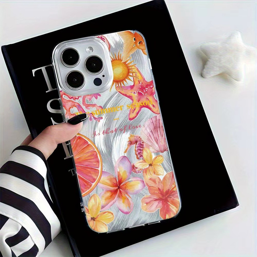 Apple iPhone Handyhülle aus silbernem TPU mit rosa Blumen- und Seepferdchen-Muster - Bild 2