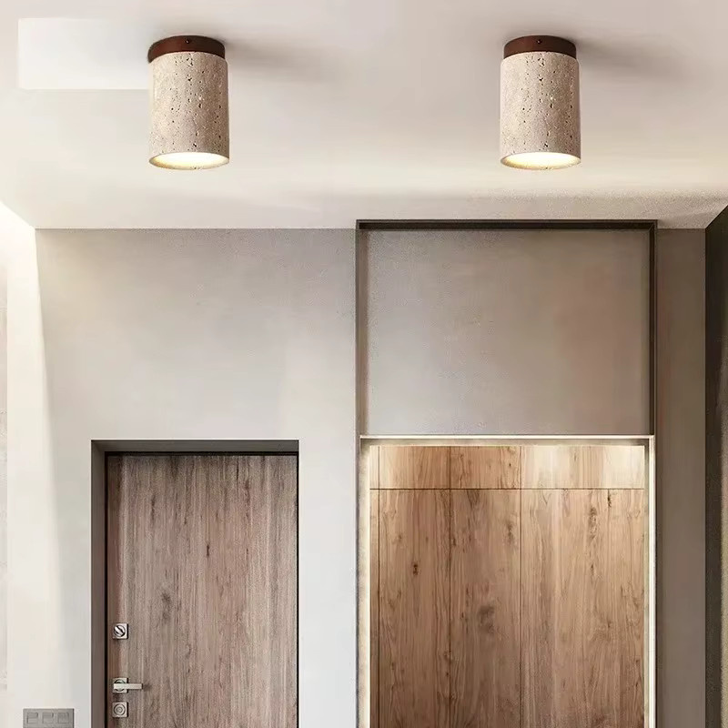 Runde LED-Deckenleuchte im japanischen Stil aus Stein und Holz in Beige als minimalistische Aufbauleuchte für Wohnzimmer, Flur und Balkon - Bild 2