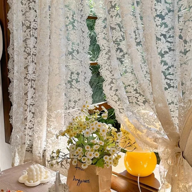 ZJBYZHOUSEHOLD Transparenter Vorhang mit floraler Stickerei im Vintage-Stil, Creme Beige, B: 120 cm, H: 130 cm - Bild 1
