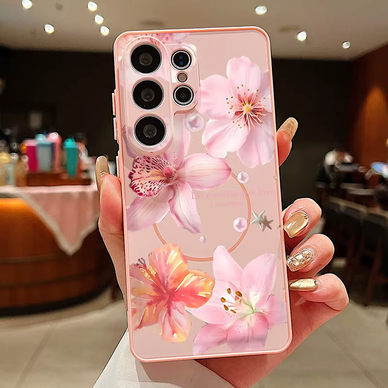 Magnetische Handyhülle mit rosa Blumenmuster für Samsung Galaxy S26 S25 S24 S23 Ultra FE A55 A36 A16 Hartschalen-Cover in Pink und Orange - Bild 3