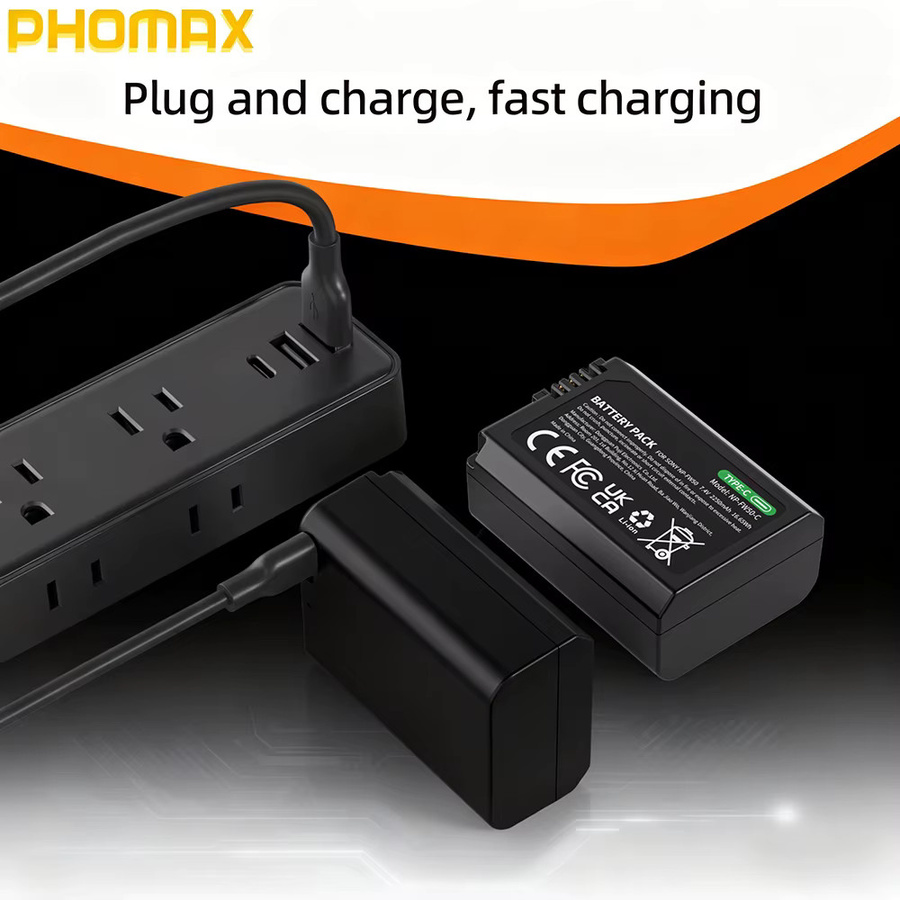 PHOMAX NP-FW50 Li-Ion Akku mit USB-C Direktladung für Sony A6400 A6000 ZVE10 A6300 A7 M2 A7R2 A6100 A5100 NEX-7 NEX-F3, 2250mAh, Schwarz - Bild 3