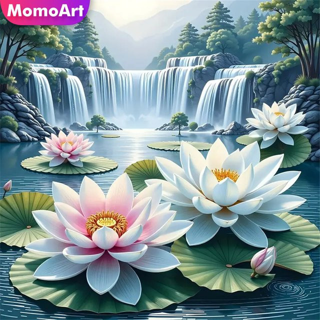 Momoart Diamantmosaik Set Lotusblume Wasserfall Landschaft für Erwachsene und Anfänger, Multicolour, B/H: 20 x 20 cm - Bild 1