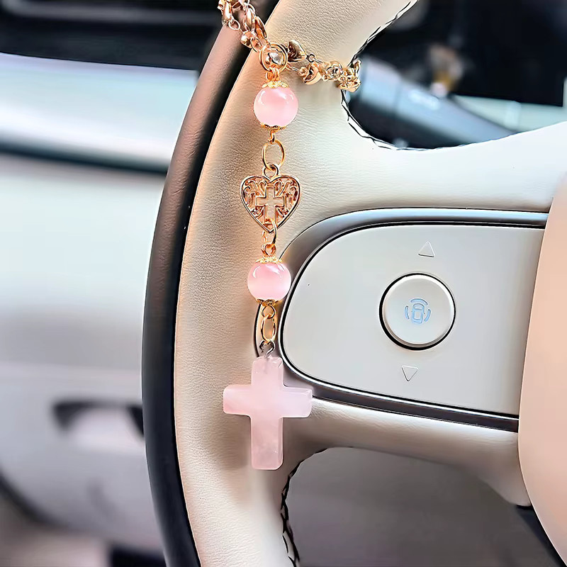 CHENSIYAO Rosenquarz-Kreuz als hängendes Auto-Accessoire in Pink - Bild 3