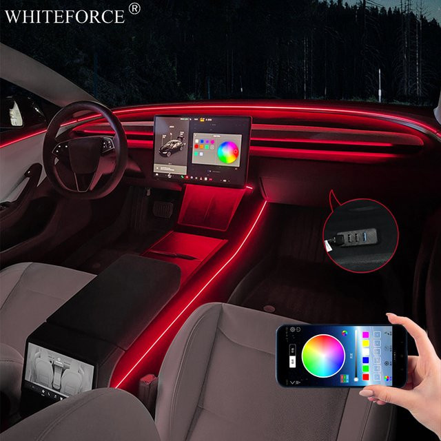 RGB LED Innenbeleuchtung für Tesla Modell Y Juniper und Modell 3 Highland mit USB-Anschluss, App-Steuerung und Fernbedienung, Mehrfarbig - Bild 1