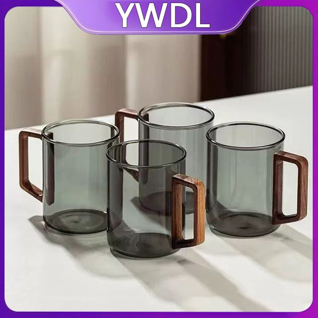 YWDL Glas Tassen Set mit Walnuss Griff, 6er Set, transparent, 300 ml pro Tasse - Bild 1